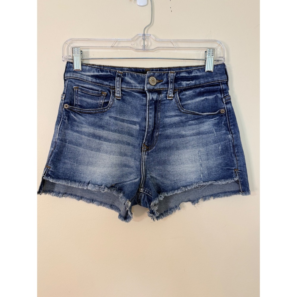 Express Jeans Ultimate Stretch Shortie High Rise Blue Denim Cut Off Shorts 2